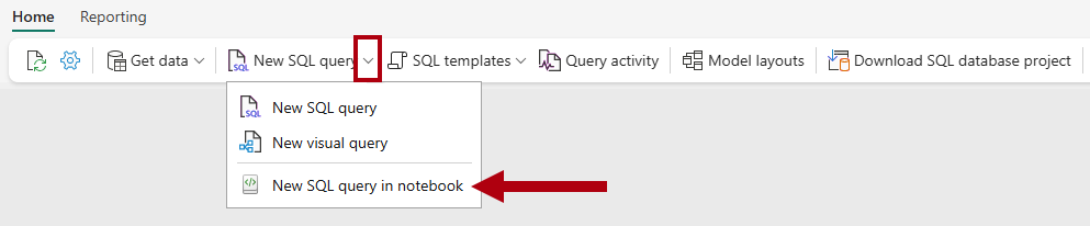 สกรีนช็อตของตัวเลือกคิวรี SQL ใหม่ในสมุดบันทึกบนริบบอน