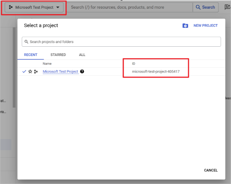 สกรีนช็อตของ ID โครงการใน Google Cloud Console