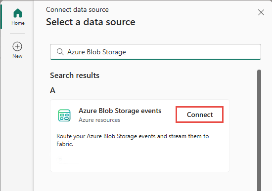 สกรีนช็อตที่แสดงการเลือกเหตุการณ์ Azure Blob Storage เป็นชนิดแหล่งข้อมูลในหน้าต่างเลือกแหล่งข้อมูล