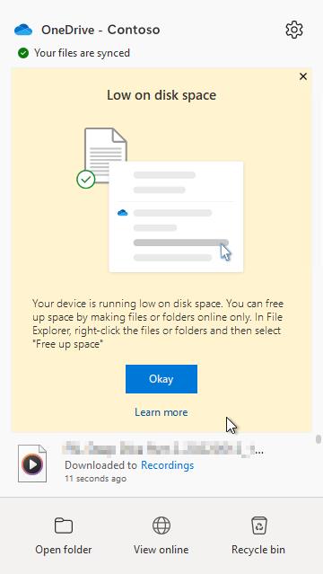 one drive space warning