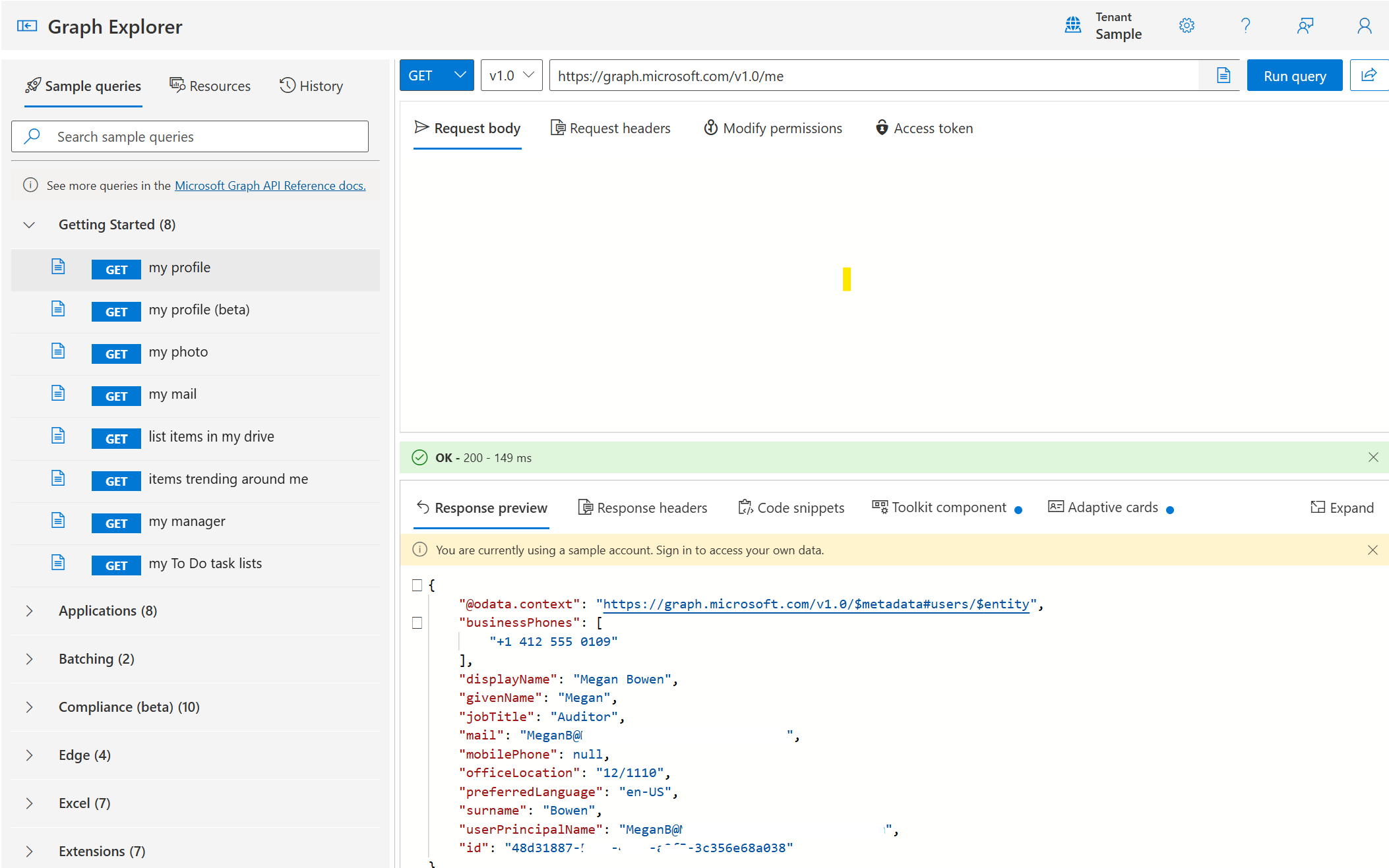 Screenshot of the Graph Explorer UI, which displays the returned results of the GET my profile query.