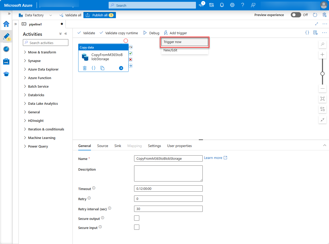 A screenshot of the Azure portal Factory resources page with Trigger now highlighted.