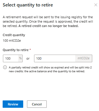 Screenshot of the Select quantity to retire side panel.