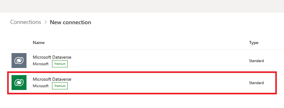 Screenshot of selecting a Dataverse connection.