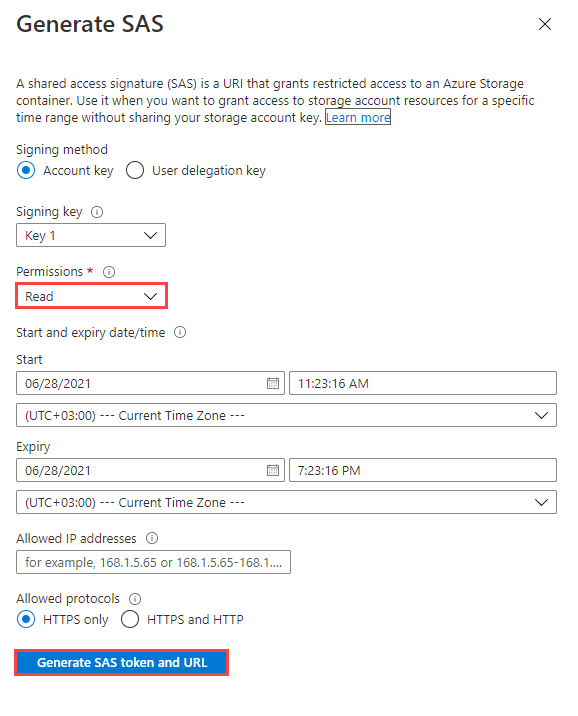 Screen shot of the Generate SAS dialog with information filled in and Generate SAS token and URL selected.