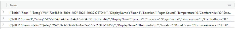Screenshot of the twins present in the Azure Digital Twins instance.