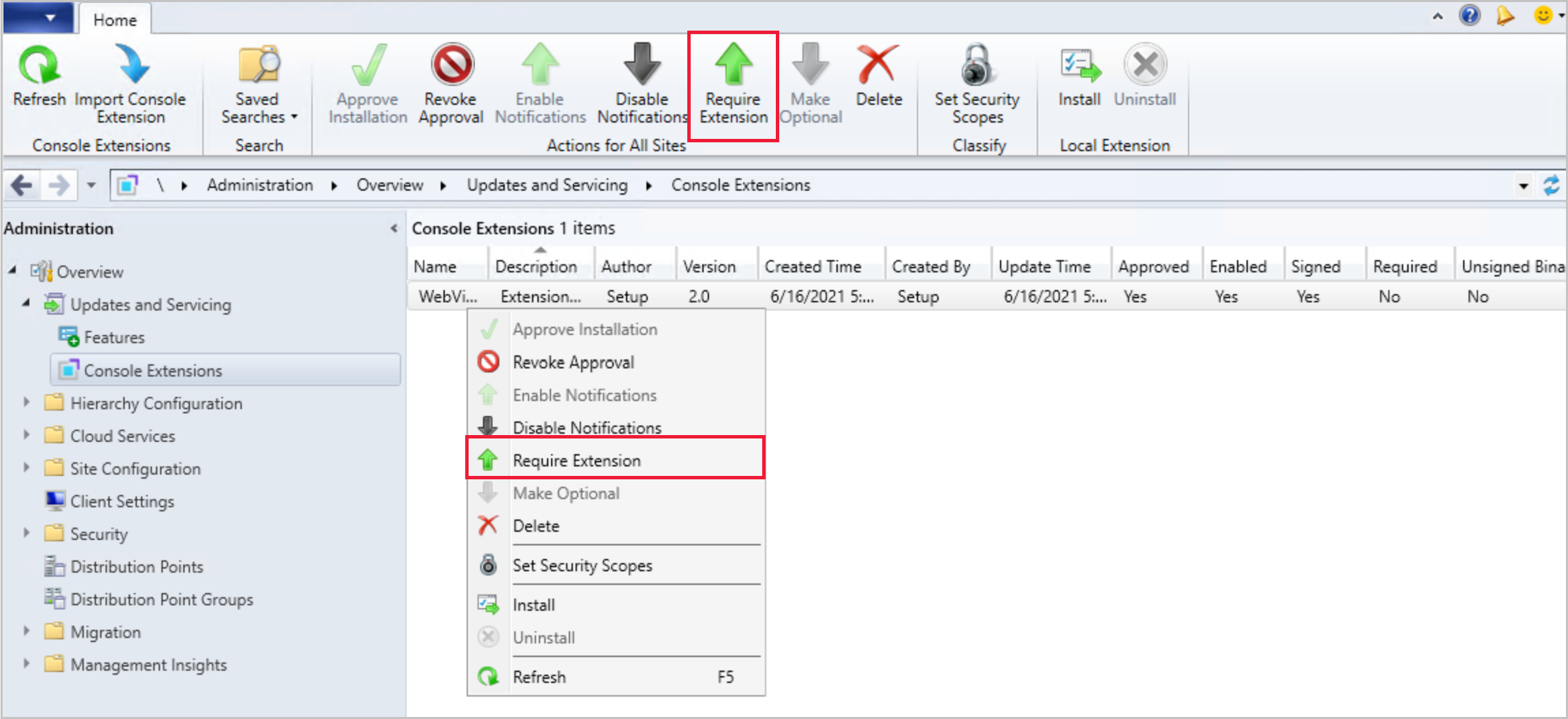 Screenshot of the Console Extensions node with the Require Extension option outlined in red from both the ribbon and the right-click menu locations