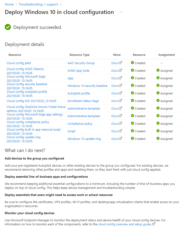 Screenshot that shows how to review the Windows 10/11 in cloud configuration guided scenario deployment status in Microsoft Intune.