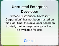 Screenshot of iOS app message about an untrusted enterprise developer.