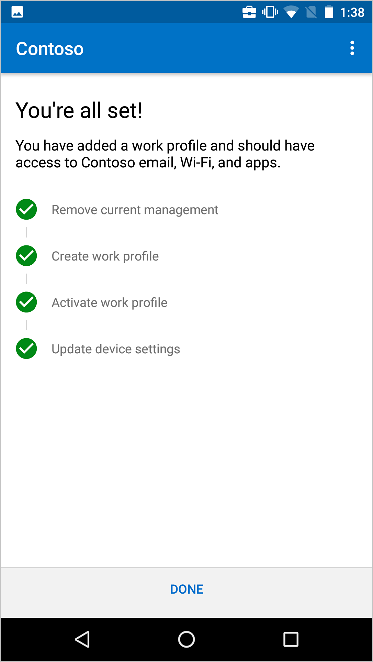 The Move to new device management setup screen, showing that all steps have been completed.