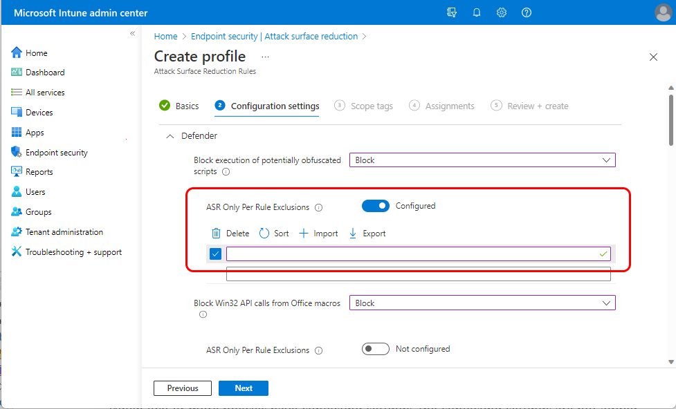 Screen capture of the ASR Only \Per Rule Exclusions setting.