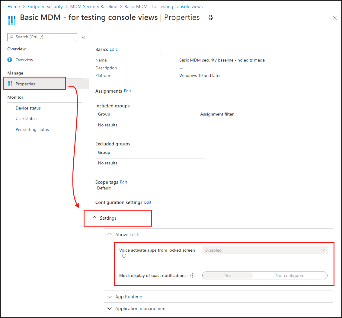 Screen image showing the settings view