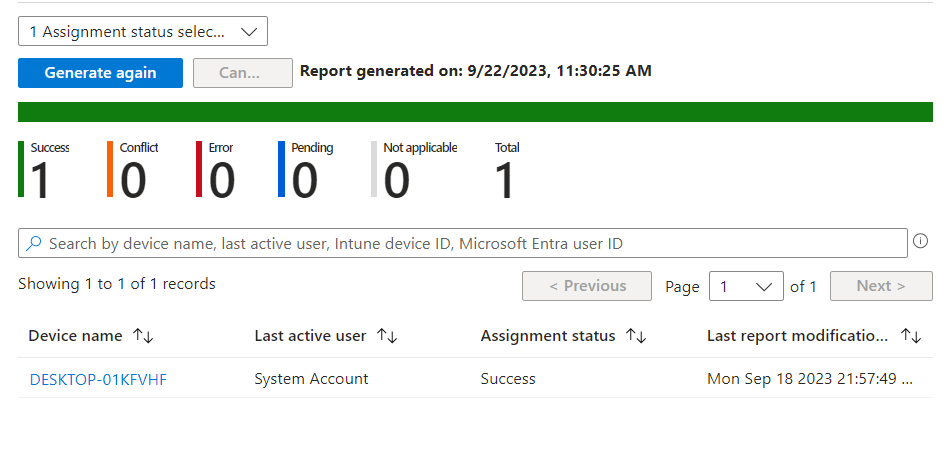 Image of the results of the Assignment status report.