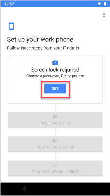 Example image of Set up your work phone screen, highlighting Set button.