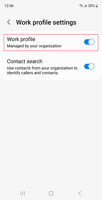 Screenshot of Work profile toggle switch turned on in Samsung Galaxy S20 device settings.