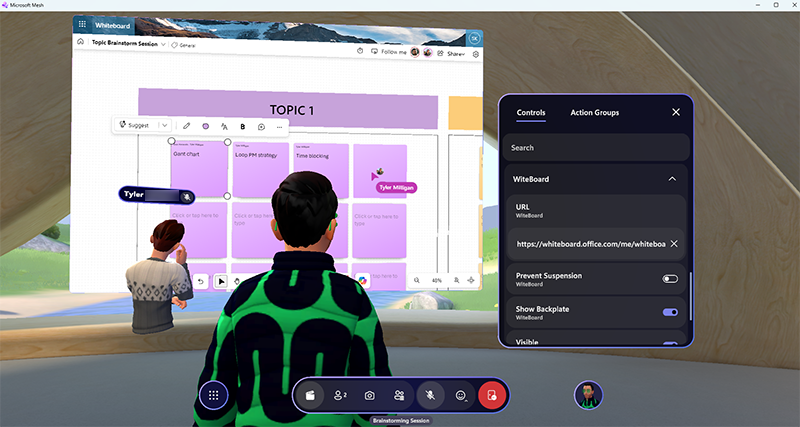 A screenshot of a Mesh experience with a WebSlate on the wall showing a video.