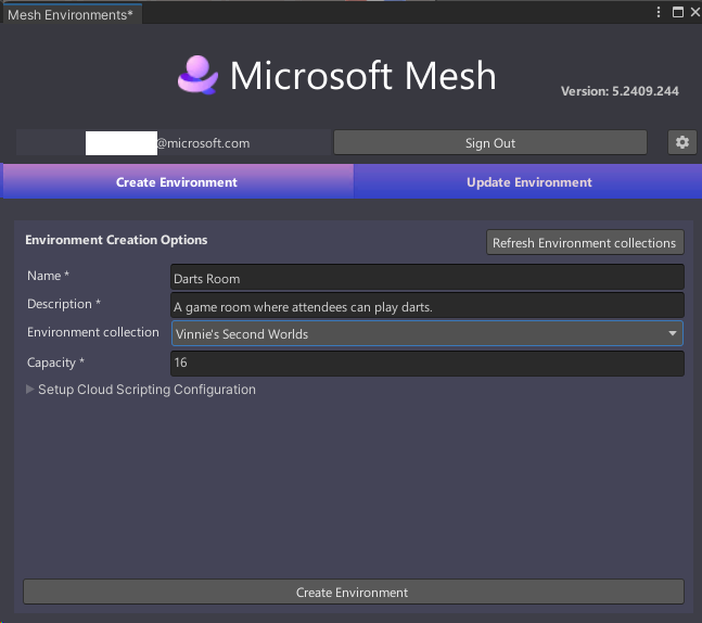 A screenshot of the Mesh Uploader window in the Create Environment tab with information for the DartsRoom Environment.