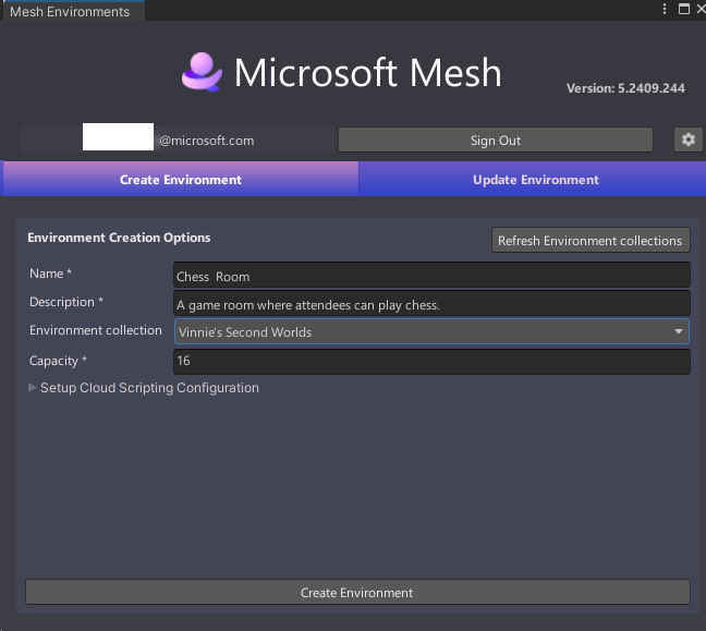 A screenshot of the Mesh Uploader window in the Create Environment tab with information for the BilliardsRoom Environment.