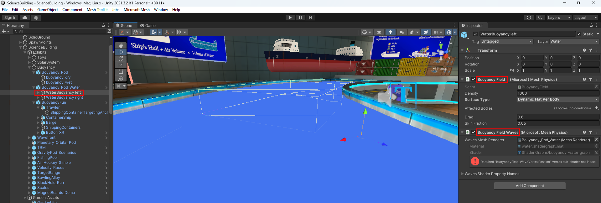 Screen shot of the Mass and Buoyancy exhibit which uses the Buoyancy Field and Buoyancy Field Waves components.