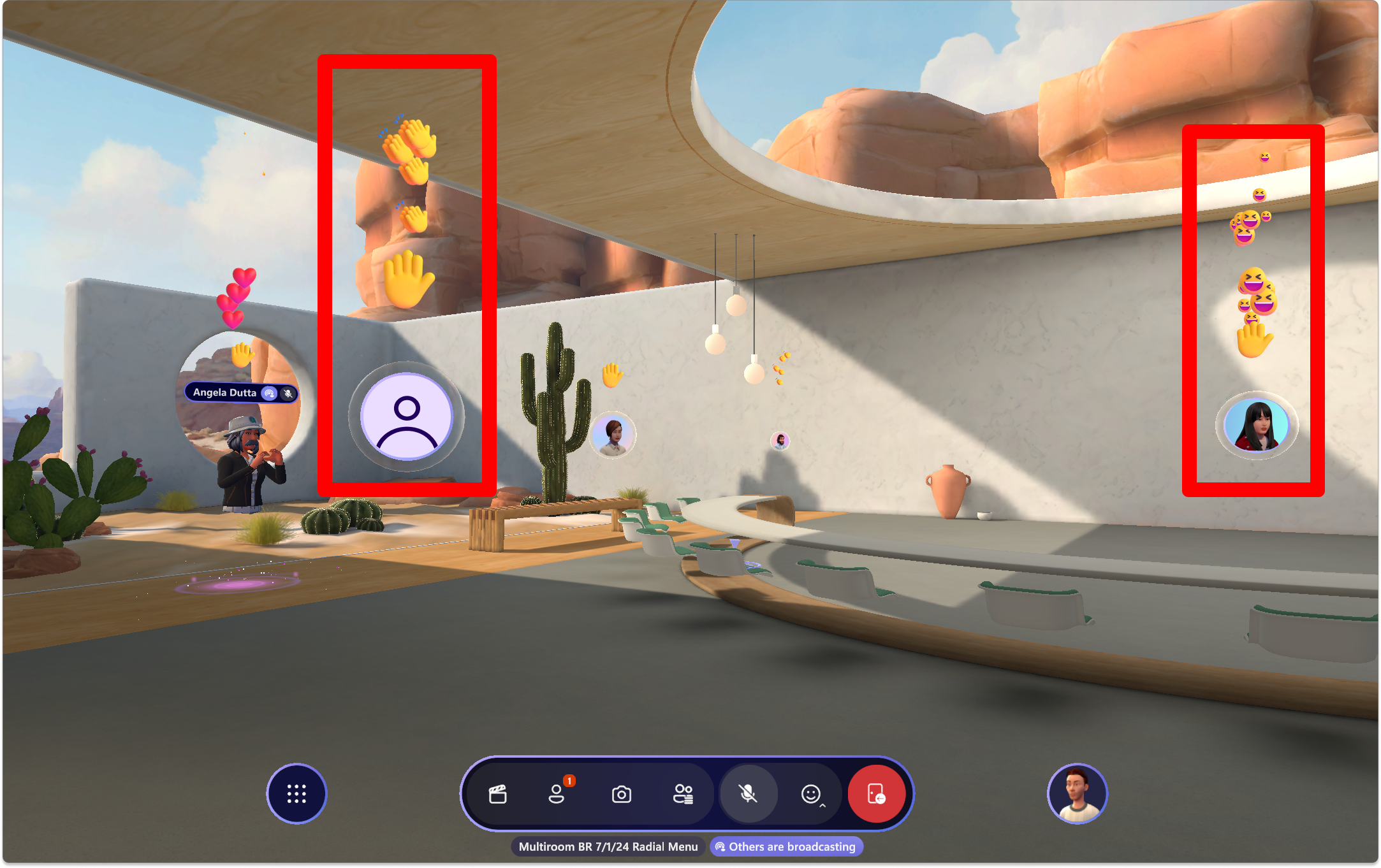 Screenshot of a multi-room event in Mesh showing the emojis for other people in the event.