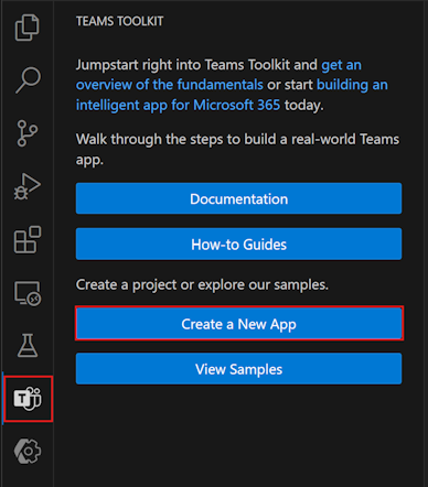 A screenshot of the Create a New App button in the Teams Toolkit sidebar