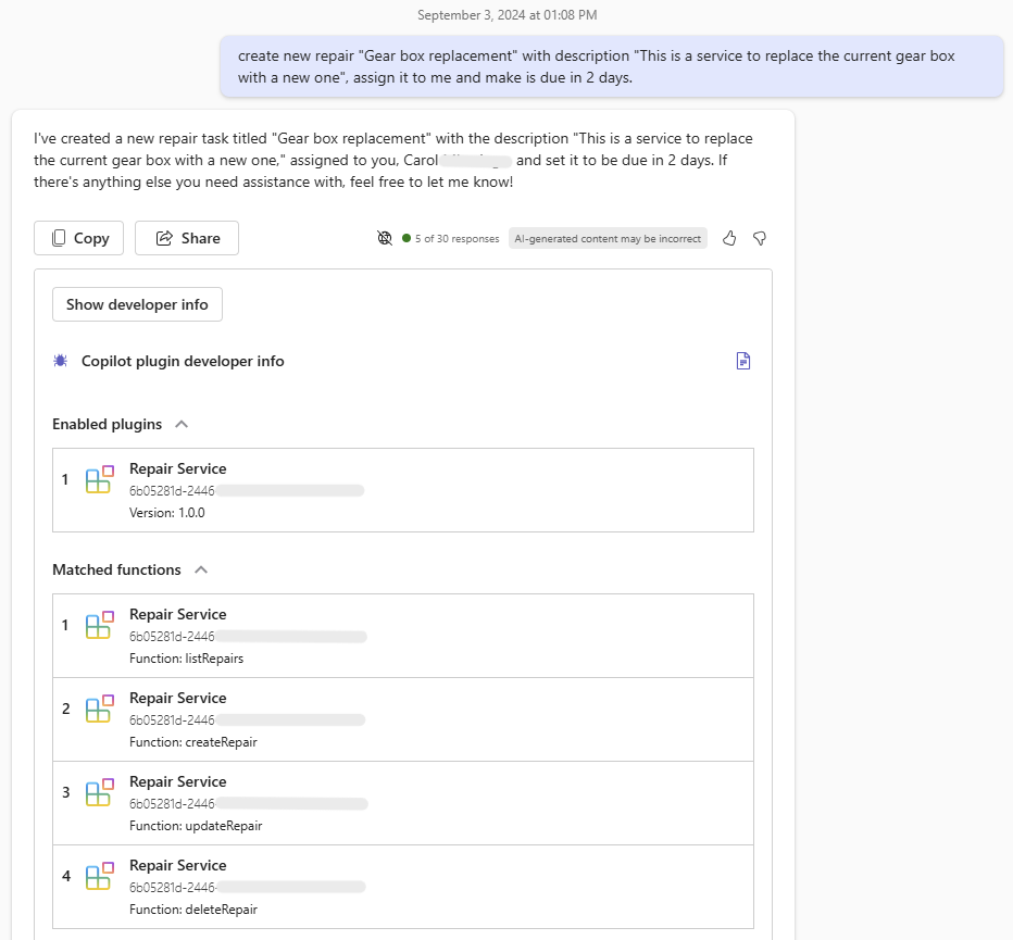 Screenshot of `copilot Chat` session where copilot has returned a card with debugging information showing the successful matching, selection, and function execution of an enabled plugin