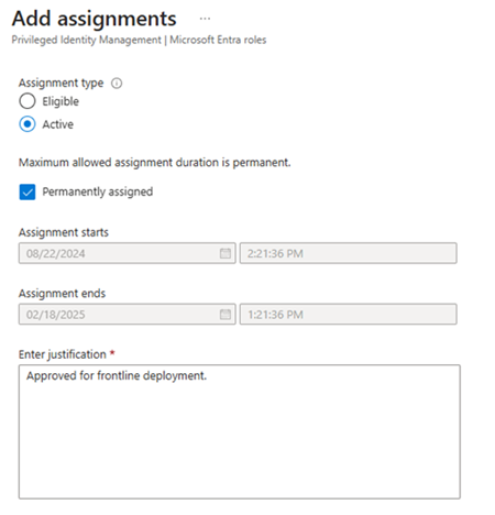 Screenshot of the Setting tab, showing assignment type and justification.