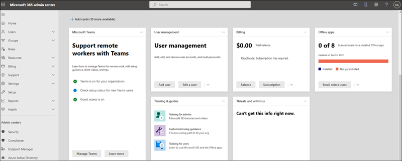 Screenshot: Admin center dashboard view