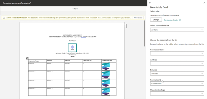 Screenshot of the template viewer showing how to map the list columns to the table columns.