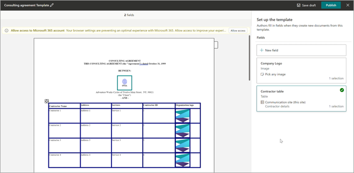 Screenshot of the template viewer showing the table selection in the New field panel.