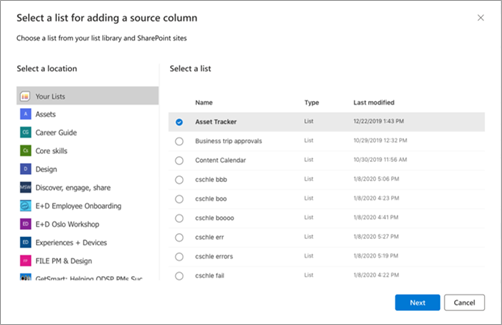 Screenshot of the Select a list for adding a source column page showing lists.