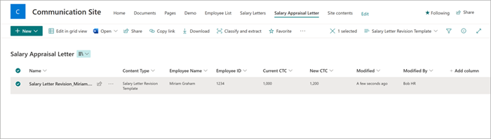 Screenshot of document library showing the mapped fields in the library view.