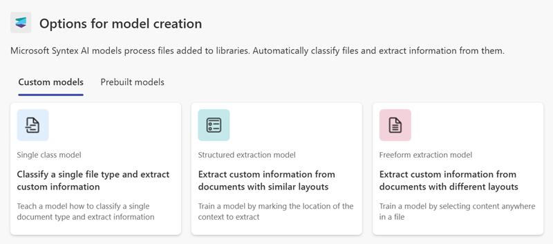 Screenshot showing the Custom models section on the Options for model creation page.