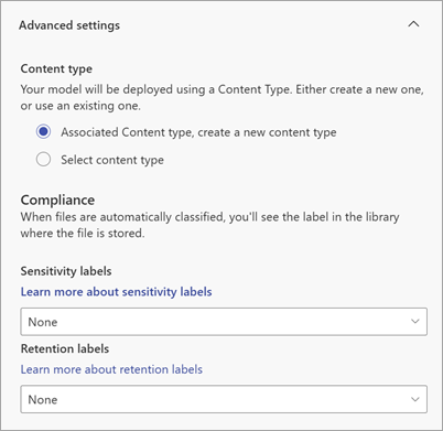 Screenshot of the Advanced settings section on the Create a simple document processing model page.