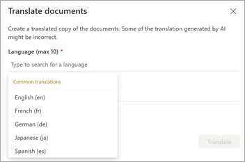 Screenshot showing the Translate documents screen with language options.