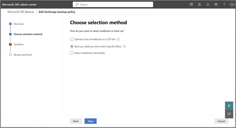 Screenshot of the Choose selection method page for Exchange.