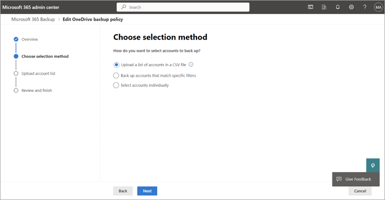 Screenshot of the Choose selection method page for OneDrive.