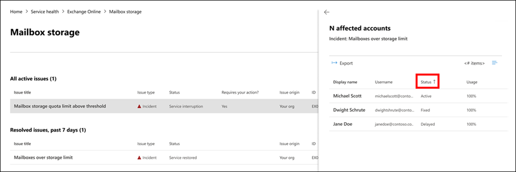 Screenshot that shows an example of the status column in the affected account pane.