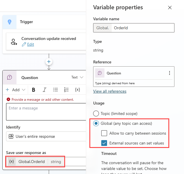 ภาพหน้าจอของกล่องโต้ตอบคุณสมบัติตัวแปรที่แสดงการรวมตัวแปรใน Copilot Studio