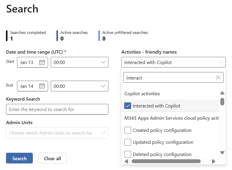 ภาพหน้าจอของผลการค้นหาที่แสดงชื่อที่เรียกง่ายสำหรับกิจกรรมใน Purview