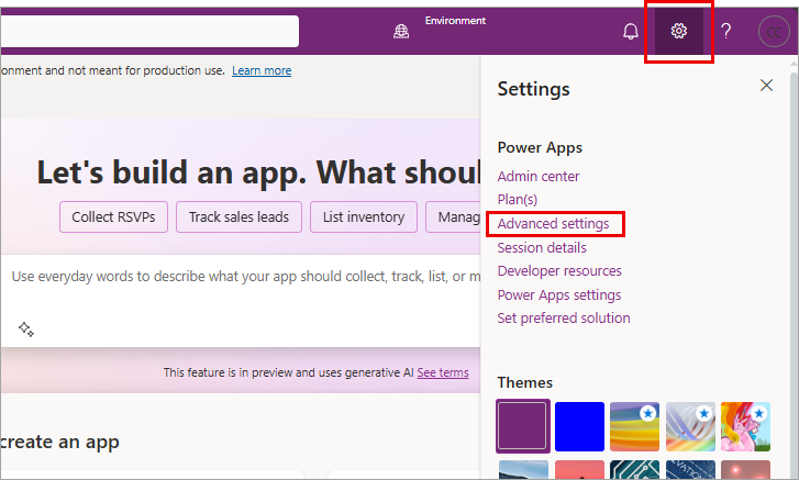 ภาพหน้าจอของเมนูการตั้งค่า Power Apps ที่ไฮไลต์การตั้งค่าขั้นสูง