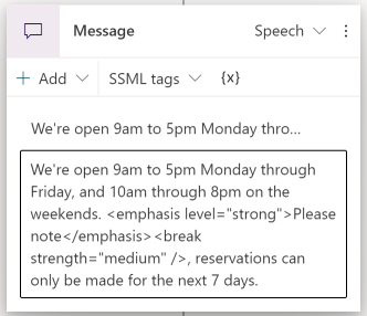 ภาพหน้าจอของข้อความคำพูดที่มีแท็ก SSML เพิ่ม