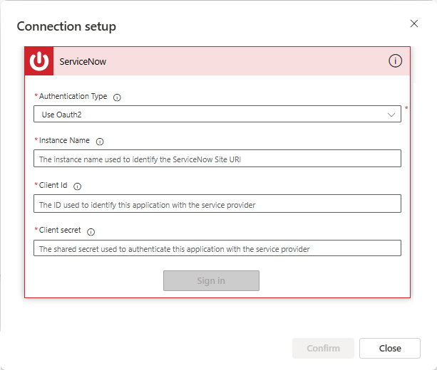 ภาพหน้าจอของหน้าการเชื่อมต่อ ServiceNow