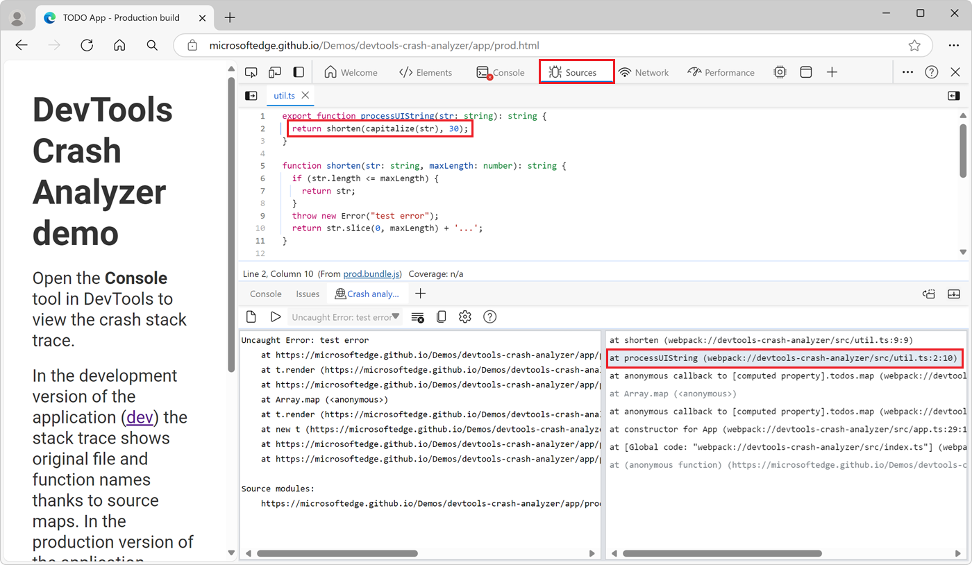 Unminified code file and line of code accessed by clicking in the right-hand pane of the Crash analyzer tab