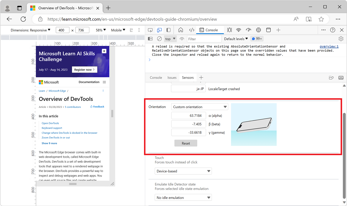 Orientation options on the Sensors tool