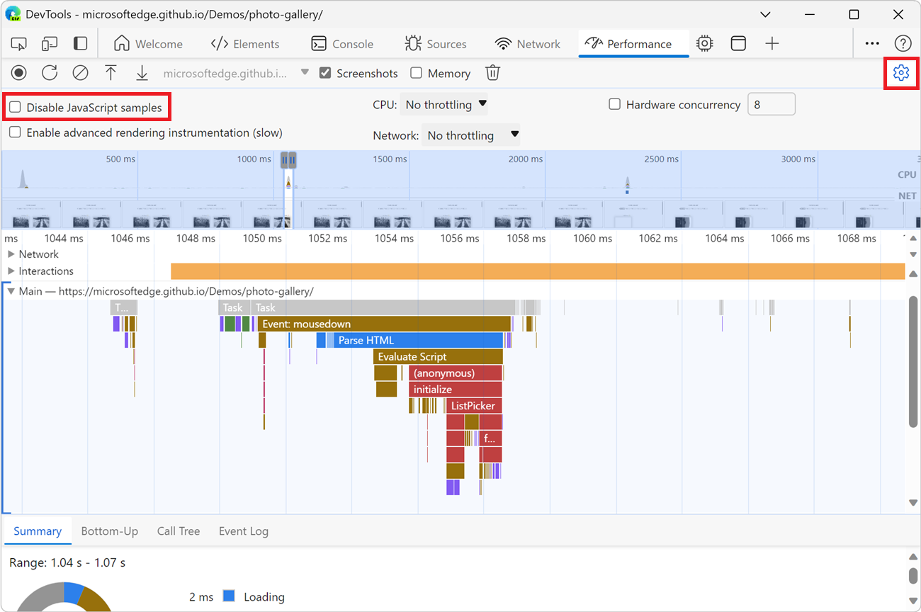 An example of a recording when JS samples are enabled.