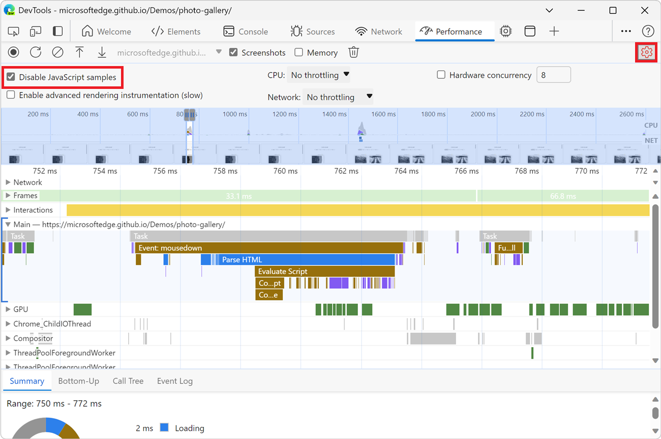 An example of a recording when JS samples are disabled.