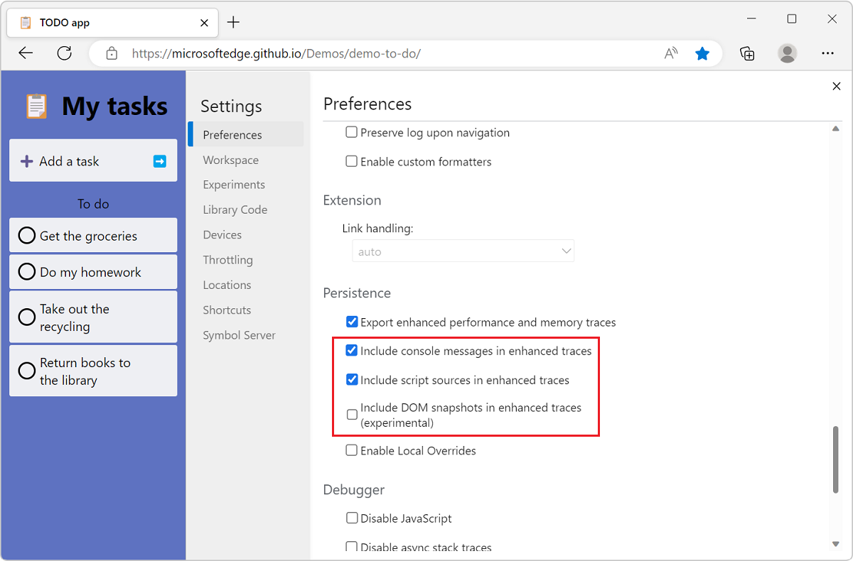 The Settings panel in DevTools, showing the other enhanced trace options