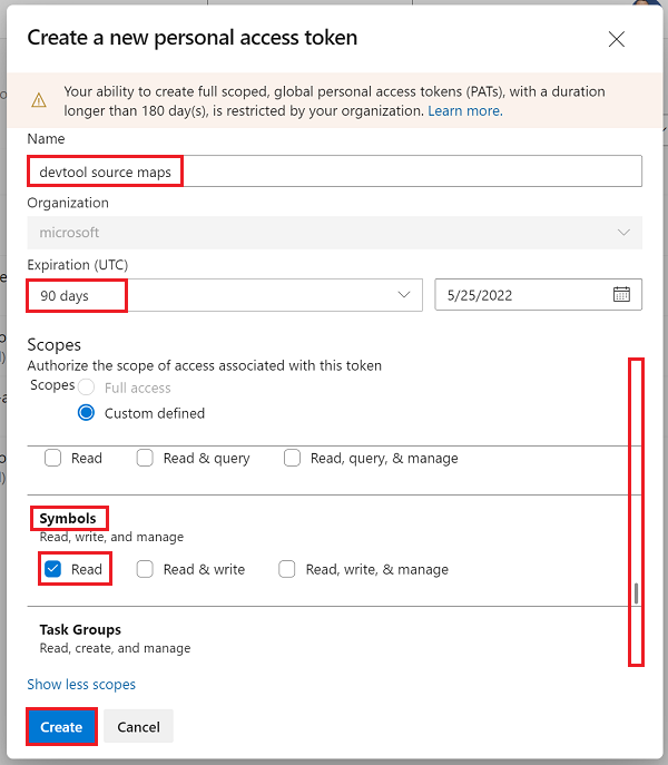 The 'Create a new personal access token' dialog, with 'Read' scope for Symbols selected