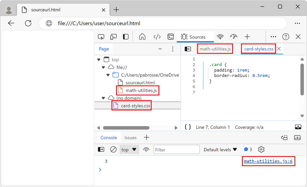 The Sources and Console tools, showing the virtual file names